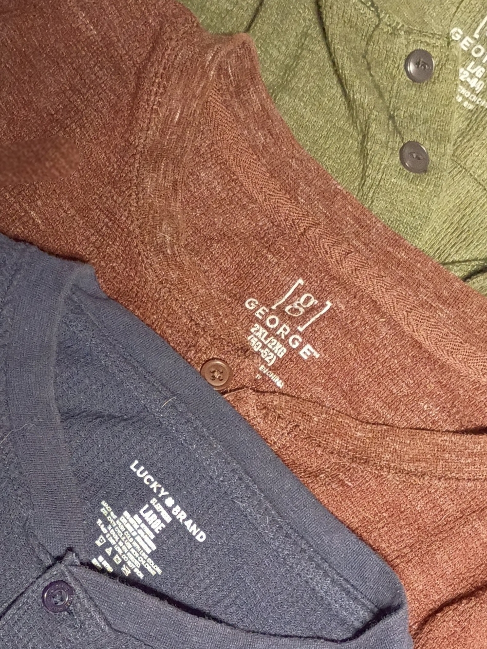 3 Piece Bundle Of Henley Thermal Button Shirts, Mens, Sizes Large, Large And 2xl